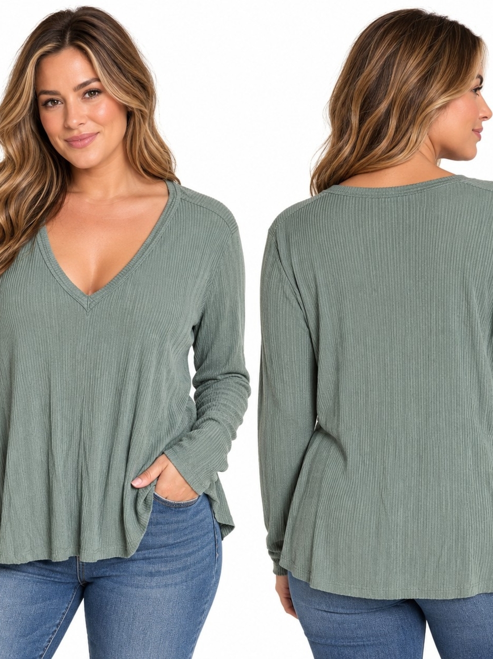 Arula Size 0x Sage Green Ribbed V-Neck Long Sleeve Top Minimalist Contemporary